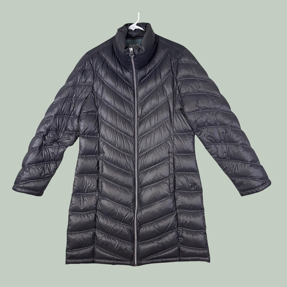 Calvin Klein Women Packable Down Puffer Coat Gray Chevron Quilted Large CW312100